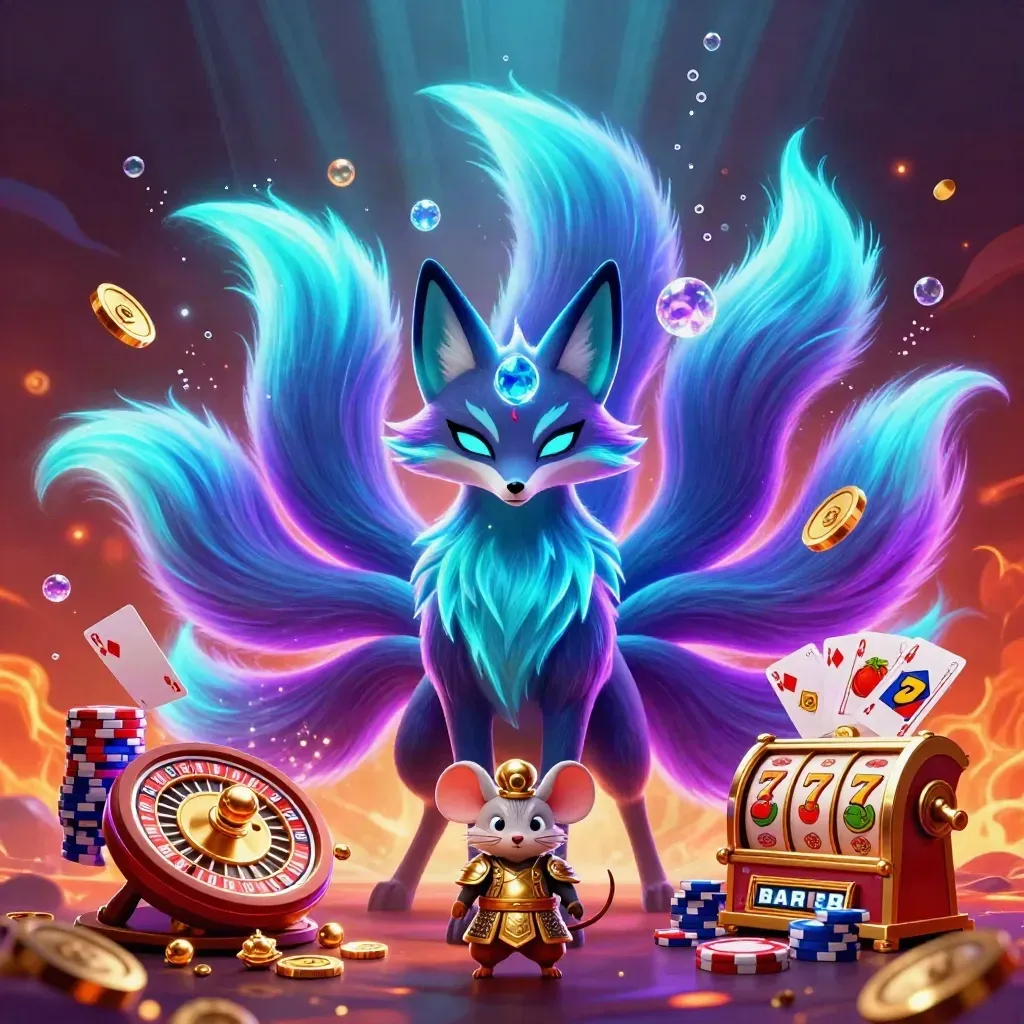 Nine-tailed fox spirit with a gold-armored mouse amid casino icons, cyan-violet glow, dark luxe fire.