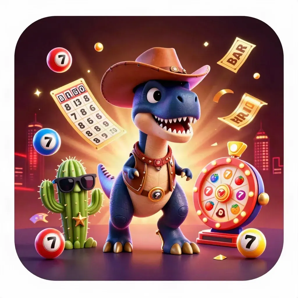 Cowboy T-Rex trio with casino symbols, neon glow, and a dark red skyline