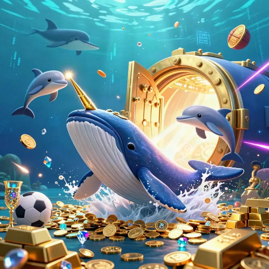 Whale captain, narwhal, and dolphins amid gold coins, vault light, neon sea glow and sports betting symbols.