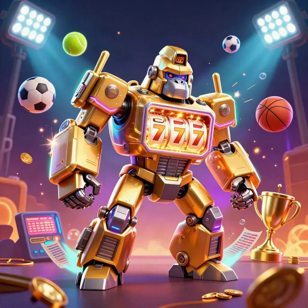 Golden gorilla slot-mech with monkey pilot, sports balls, coins and neon casino glow.