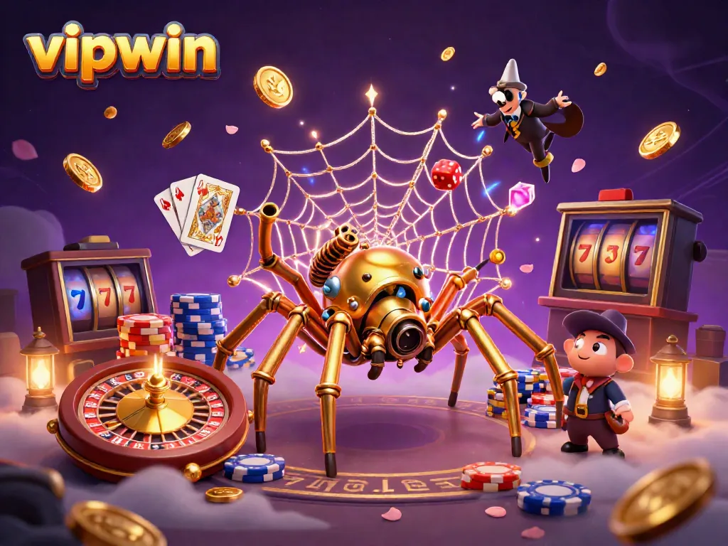 Experience thrilling spins at vipwin, with a steampunk spider and charming characters amid a vibrant casino scene.