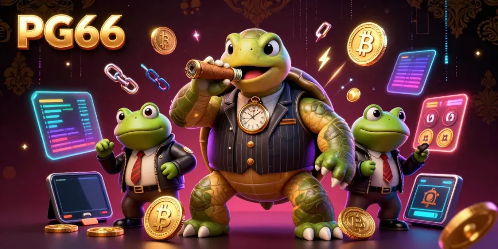 Experience gaming excitement with PG66 in a vibrant illustration showing a turtle mobster surrounded by glowing crypto coins.