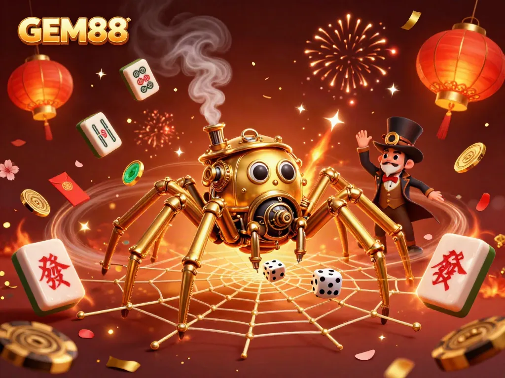 Experience thrilling gaming with GEM88's dynamic casino illustration featuring a steampunk spider.