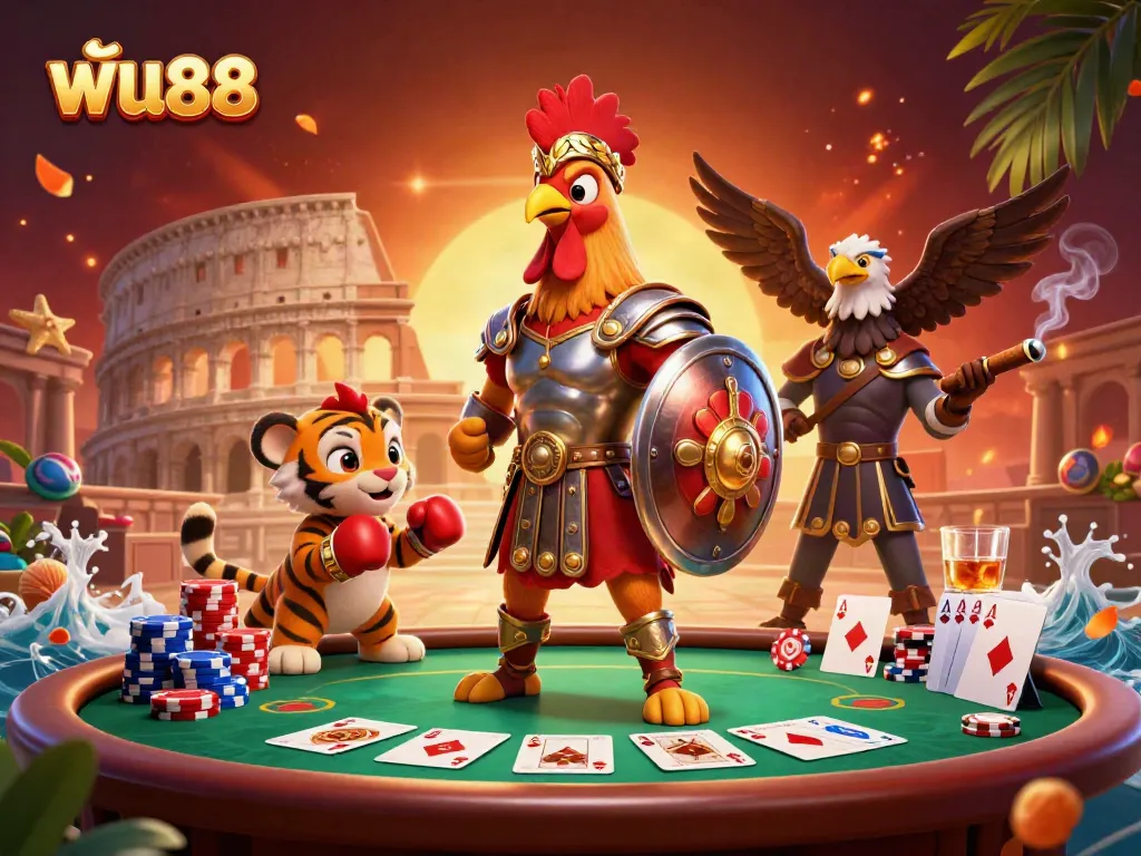 Experience vibrant gaming at ฟัน88 with a lively 3D illustration featuring a rooster gladiator and poker elements.