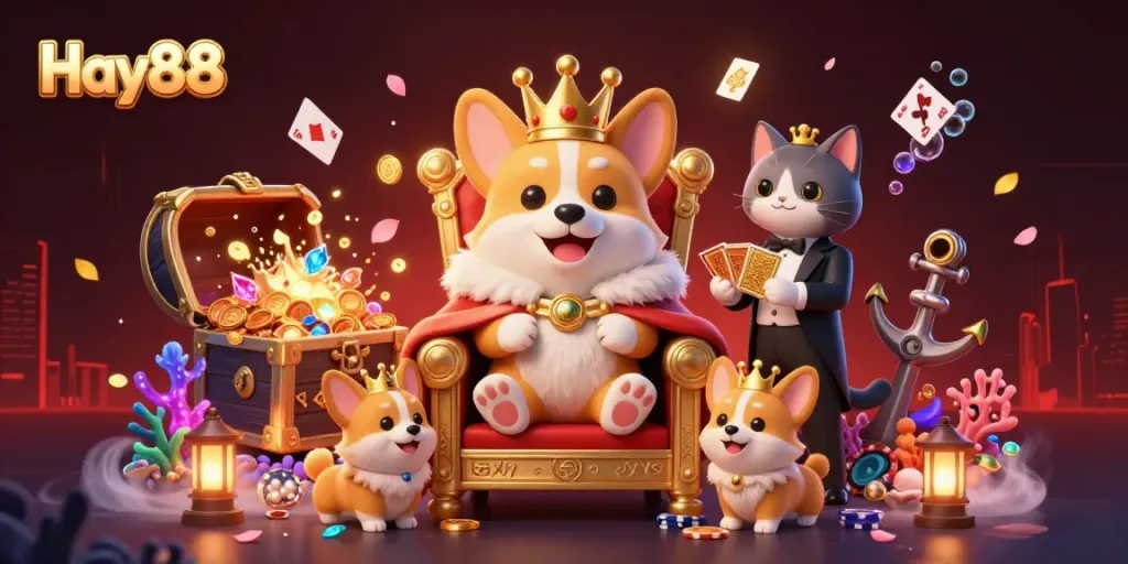 Experience the vibrant gaming universe of Hay88, where a royal corgi king rules the casino realm with golden treasures.