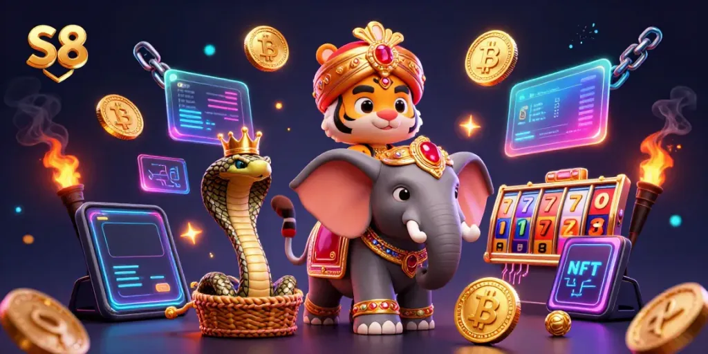 Experience big wins with S8 as an Indian maharaja rides a jewel-encrusted elephant in this casino scene.