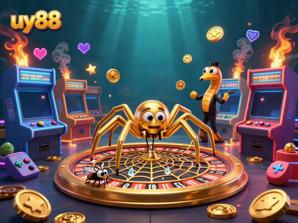 Place bets with uy88 in this thrilling 3D illustration of a golden spider and centipede croupier.