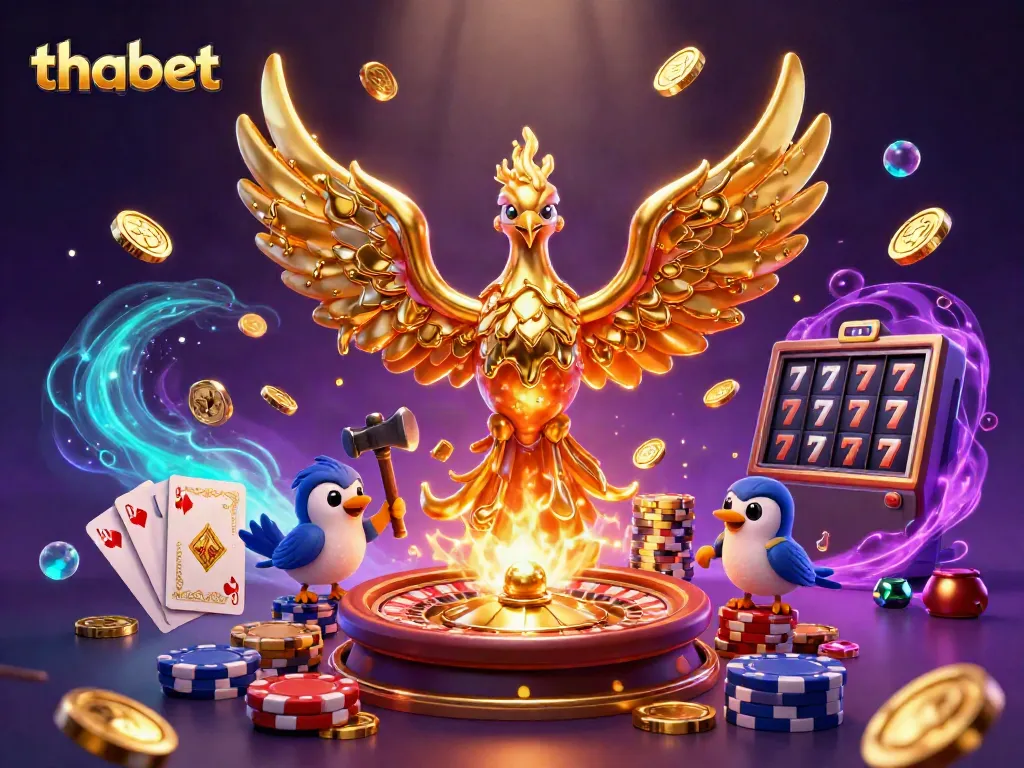 Experience the excitement of thabet casino with a molten golden phoenix flying amidst dazzling gaming elements.