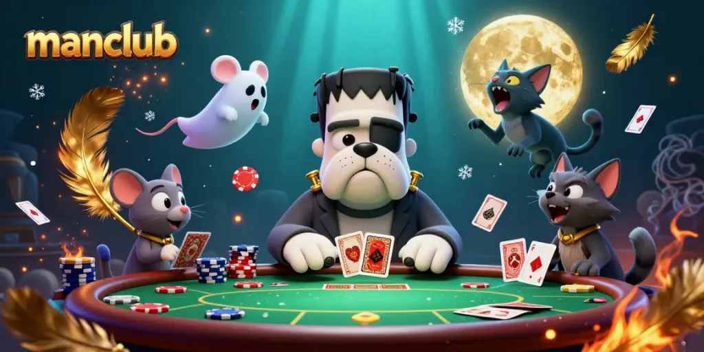 Engaging manclub scene with a Frankenstein bulldog dealing cards at a spooky table in a casino setting.