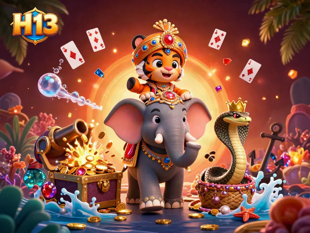 Engage in thrilling gameplay at H 13 with a vivid 3D casino scene featuring vibrant characters and gambling elements.