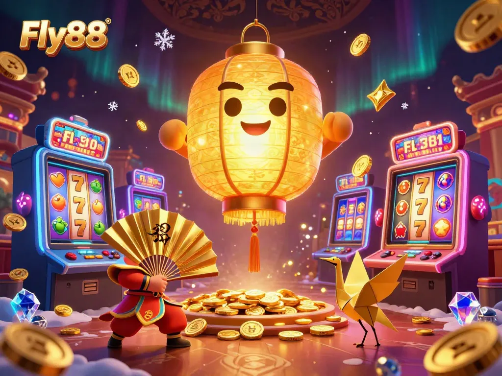 Engage with Fly88's vibrant casino experience featuring a golden lantern amidst dynamic slot machines.