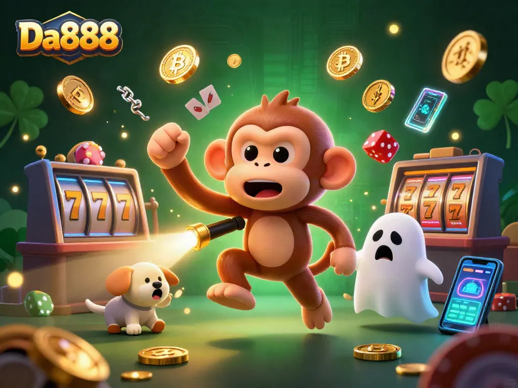Catch the excitement of Da888 with a playful ghost-hunter puppy tracking a mischievous poltergeist monkey in a vibrant casino scene.