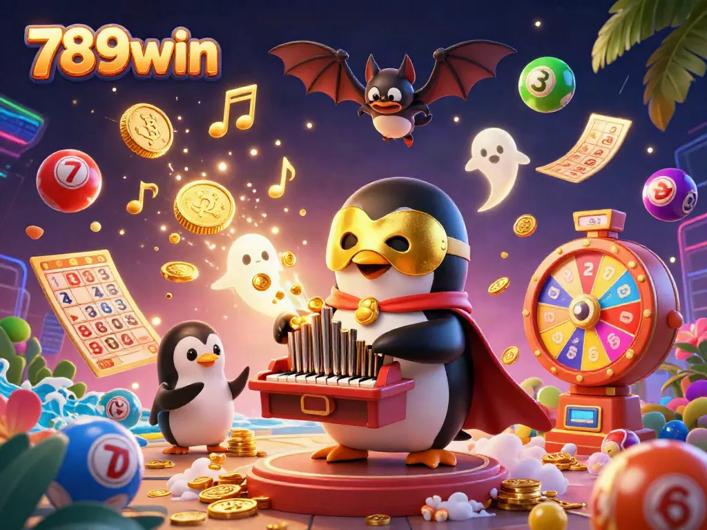 Experience thrilling 789win moments with a whimsical penguin organist and vibrant lottery elements.