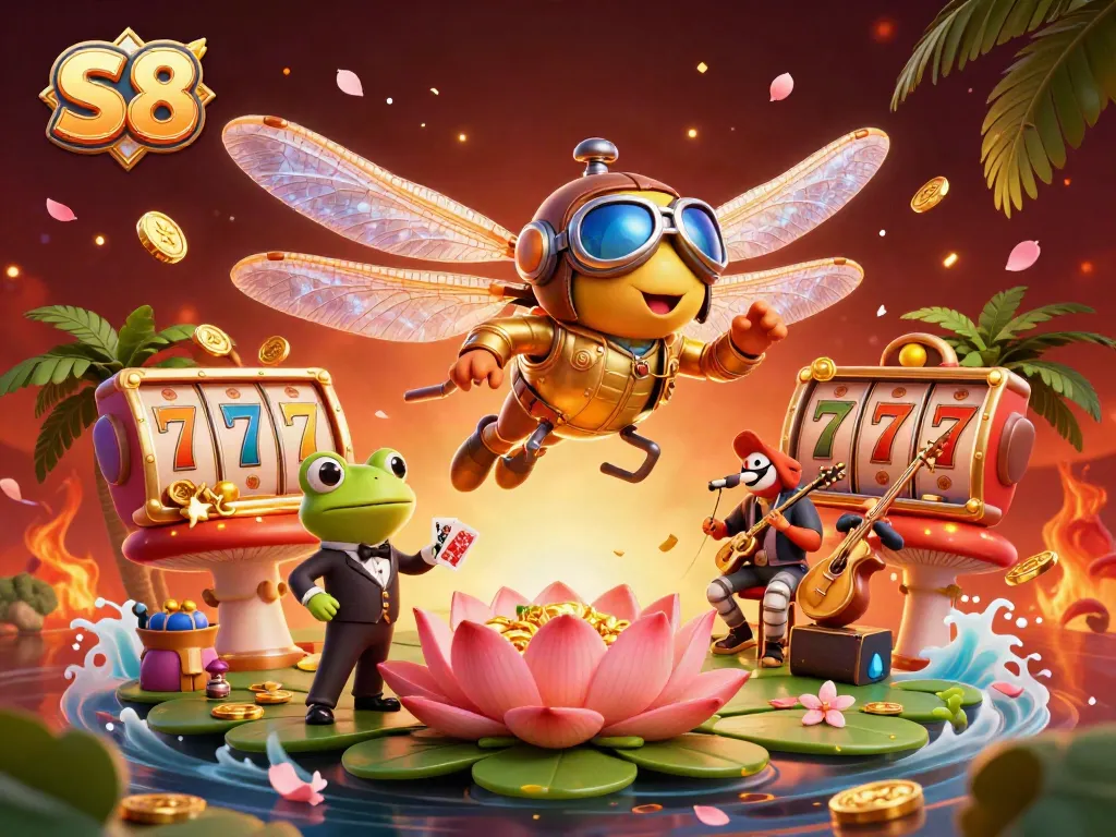 Experience thrilling slots at S8 with a charming dragonfly pilot and frog dealer in a vibrant casino scene.