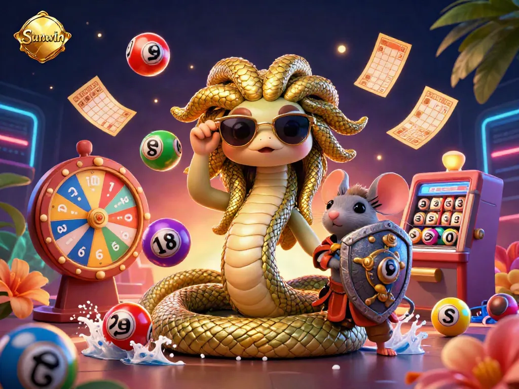 Engaging casino-themed illustration showcasing Medusa and a warrior mouse with colorful lottery elements, highlighting Sunwin.