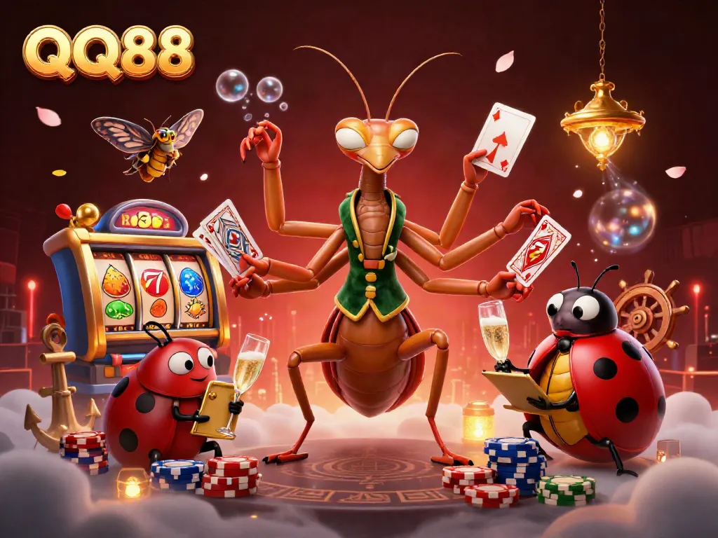 Engage in the thrilling world of QQ88 casino with vibrant characters, slot reels, and rich treasures.
