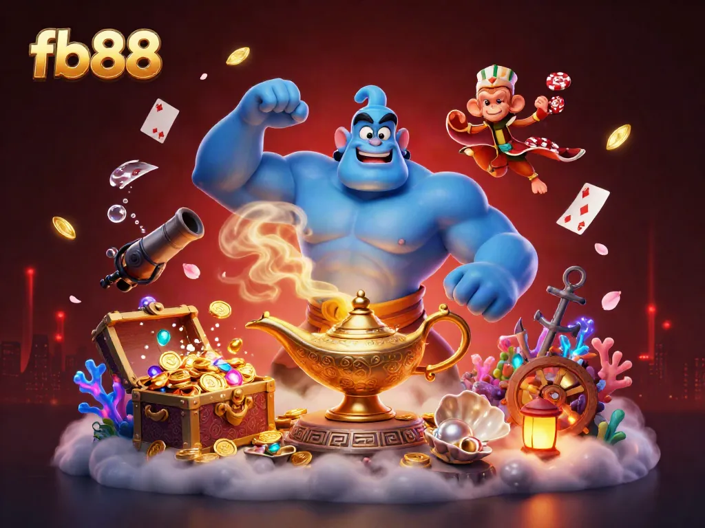 Experience the excitement of fb88 with a bustling casino scene featuring a genie, money, and vibrant elements.