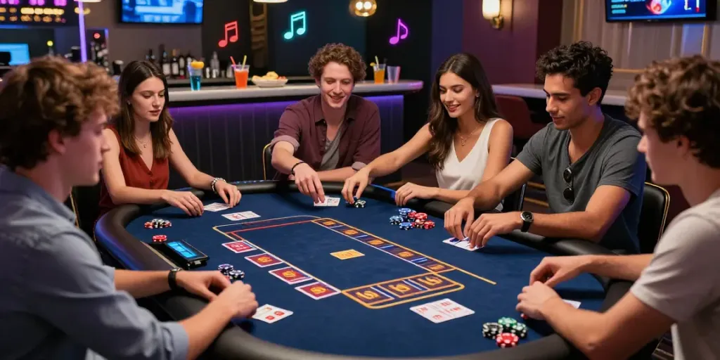 Friends enjoying an online casino experience with Casino En Ligne atmosphere, vibrant setting, and gaming excitement.