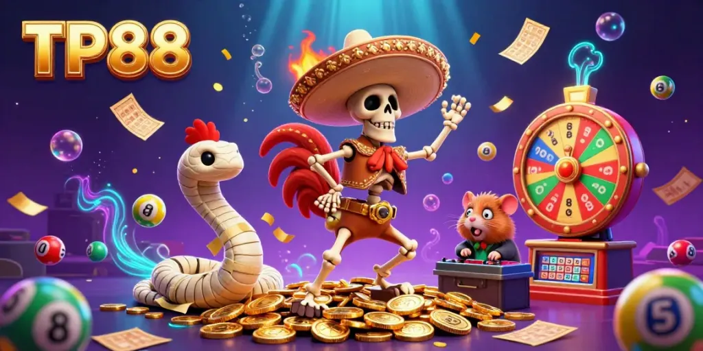 Celebrate winnings at TP88 with a lively scene showcasing captivating casino elements and characters.