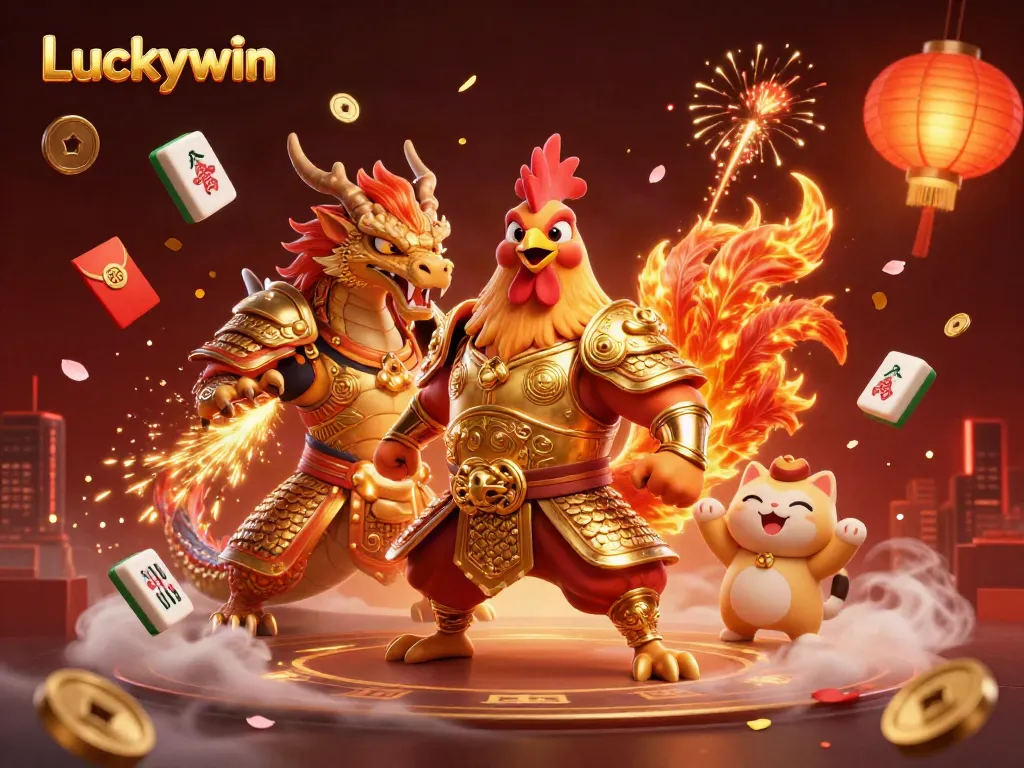 Experience the thrill of Luckywin with a powerful rooster warrior and dragon hatchling amidst festive symbols and rich colors.