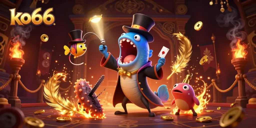 Experience the thrill of ko66's online casino with an engaging 3D illustration featuring dynamic sea creatures and vibrant gaming elements.