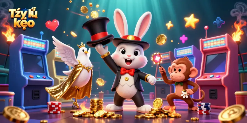 Engage with Tỷ lệ kèo through a vibrant gaming scene featuring a magical rabbit and casino elements.