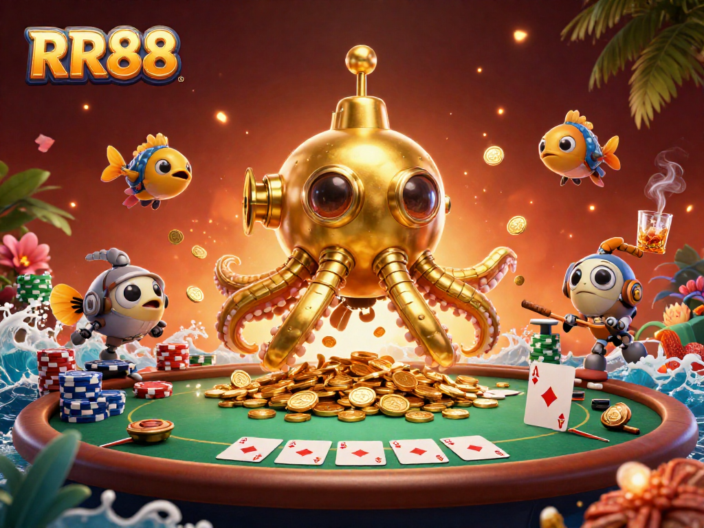 RR88 reveals a vibrant casino scene with a golden kraken submarine amidst poker action.