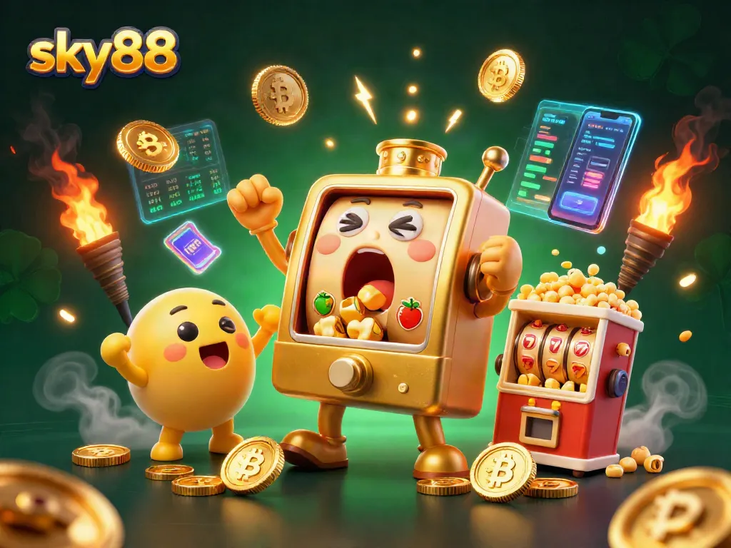 Sky88 jackpot scene with a golden slot machine winning coins amid cheering baby slots.