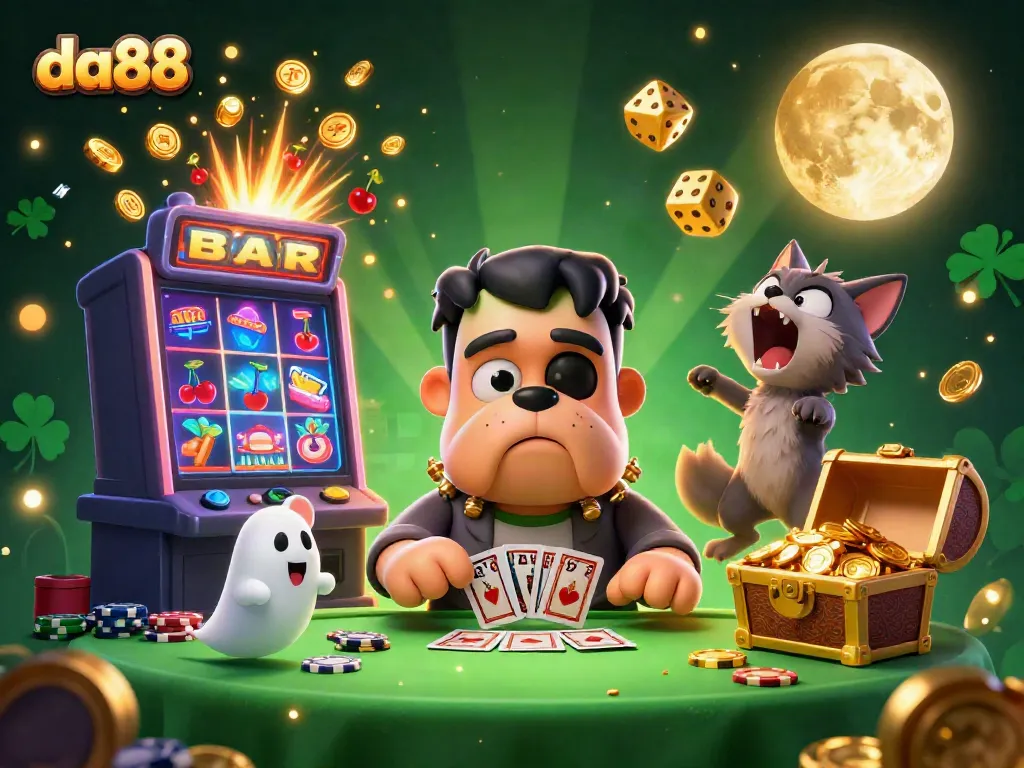Experience thrilling gameplay at da88 with a vivid scene showcasing a bulldog dealer, ghost mouse, and gold moon.