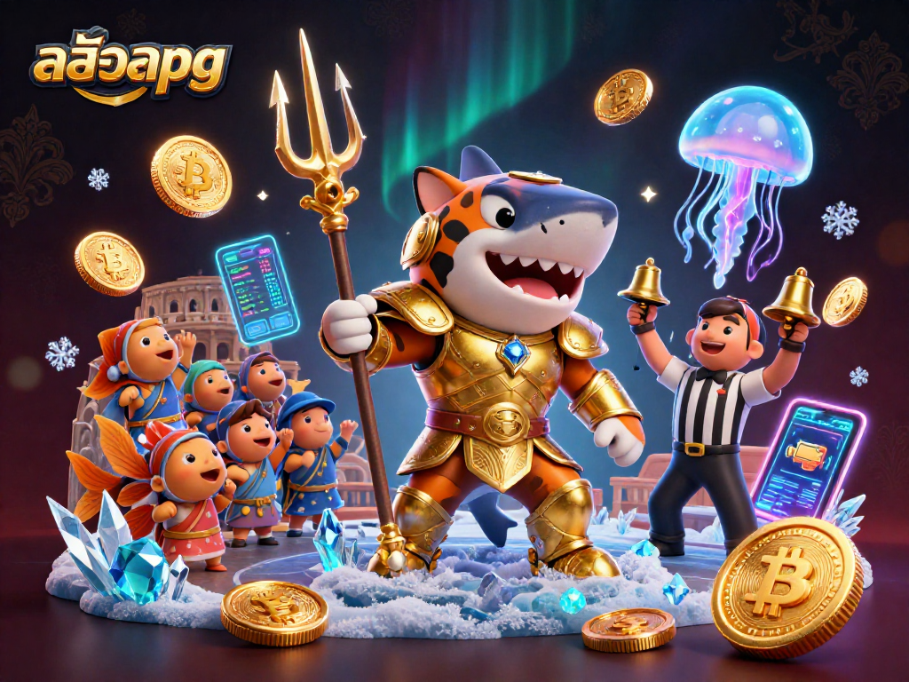 Experience thrilling สล็อตpg gameplay with a tiger shark warrior in an underwater colosseum.