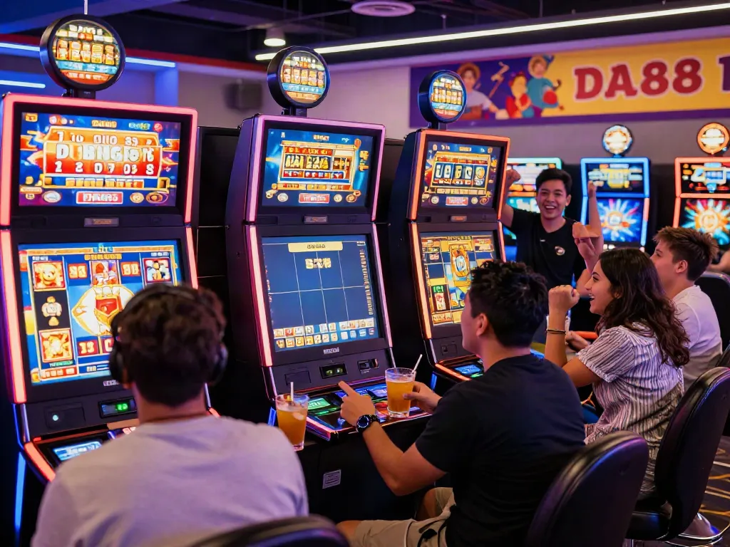 Dynamic players enjoying slot games at DA88, showcasing vibrant atmosphere and excitement.