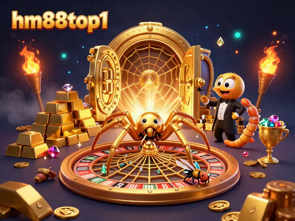Experience thrilling bets at hm88top1 with a 3D golden spider spinning a roulette wheel web.