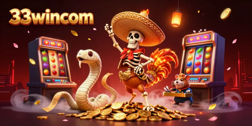33wincom showcases a vibrant victory dance scene featuring a skeleton mariachi rooster amidst dynamic casino gameplay elements.