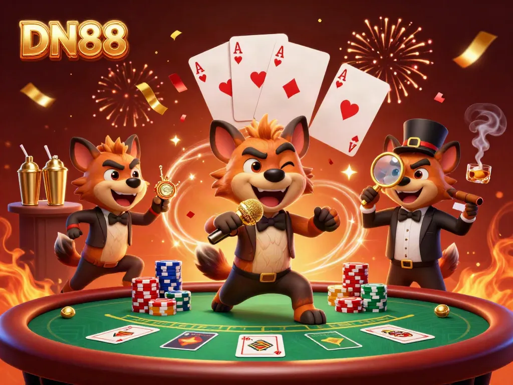 DN88 hyenas perform comedy in a vibrant casino scene with poker elements and dynamic energy.