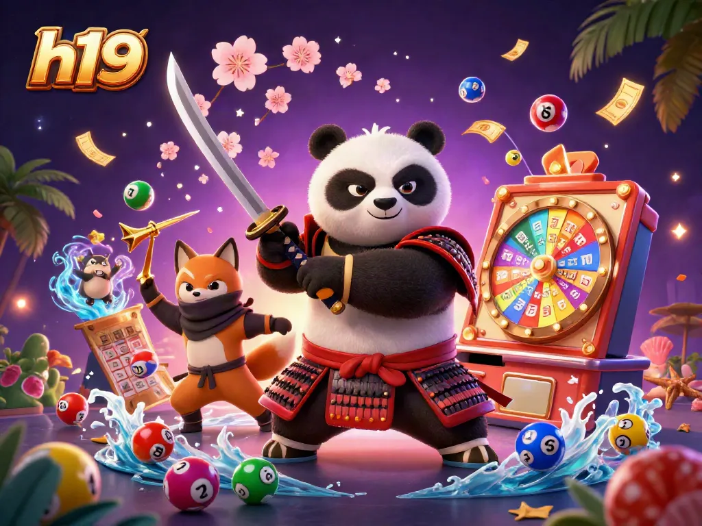 Engage in thrilling adventures with h19, featuring a samurai panda and ninja fox in a vibrant casino scene.