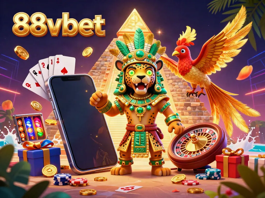 Experience 88vbet gaming with a vibrant 3D scene featuring a Mayan priest and exciting casino elements.