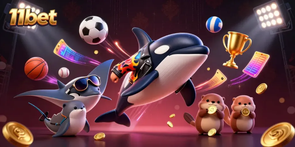 Experience thrilling action with 11bet's dynamic cartoon scene featuring vibrant characters and gambling elements.