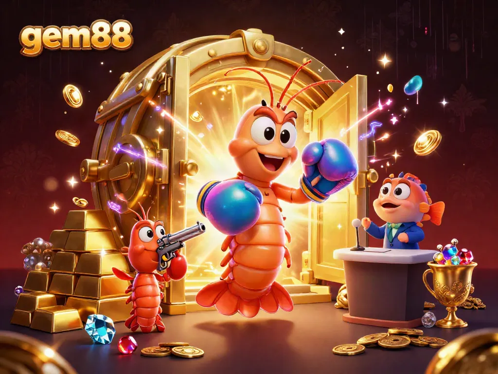 Experience excitement with gem88, as the 3D cartoon mantis shrimp and friends celebrate a jackpot win