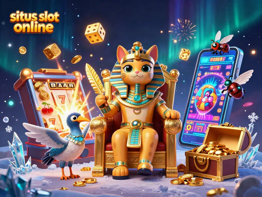 Spin jackpots at situs slot online with the Egyptian pharaoh cat and giant slot machine illustration.