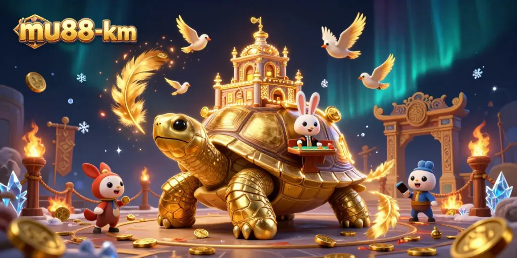 Win big with mu88-km at the vibrant casino scene featuring an animated tortoise and golden coins.
