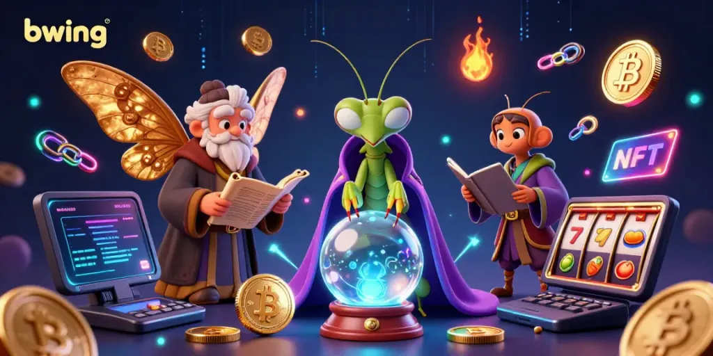Engage with bwing's vibrant online casino world through a mystical 3D illustration showcasing fortune teller elements.