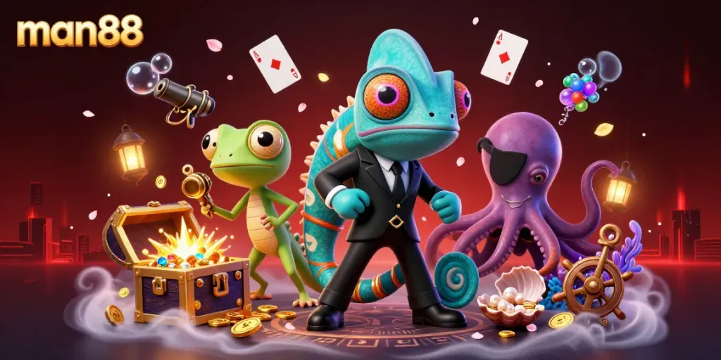 Experience thrilling adventures in man88's casino world with vibrant 3D characters and dazzling treasures.
