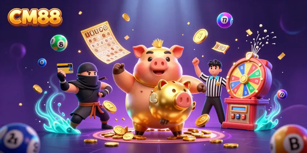 Engage with CM88's vibrant gaming scene featuring a dynamic golden piggy bank sumo wrestler and colorful lottery elements.