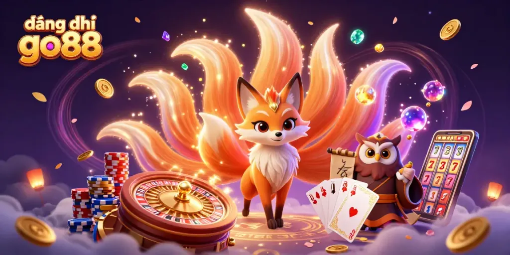 Experience excitement with đăng ký go88, featuring a glowing nine-tailed fox and vibrant casino elements.