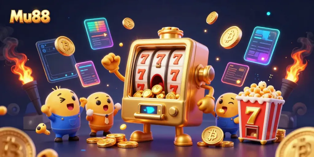 Experience the thrill of Mu88 as a golden slot machine hits a jackpot surrounded by cheering mini slots and crypto elements.