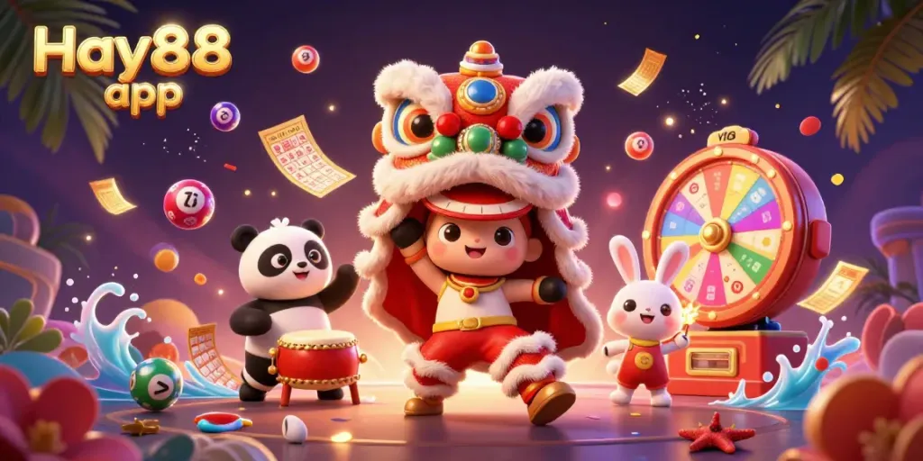 Experience the vibrant Hay88 app with a lively lion dance scene filled with excitement and gaming elements.