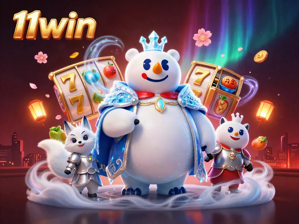 Experience the thrilling gameplay of 11win with a colorful casino scene featuring a polar bear king, luck symbols, and vibrant energy.