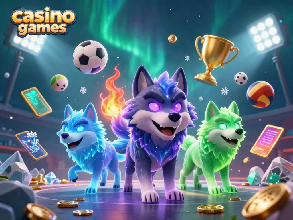 Feel the thrill of casino games with a dynamic scene showcasing glowing wolves among sports elements.