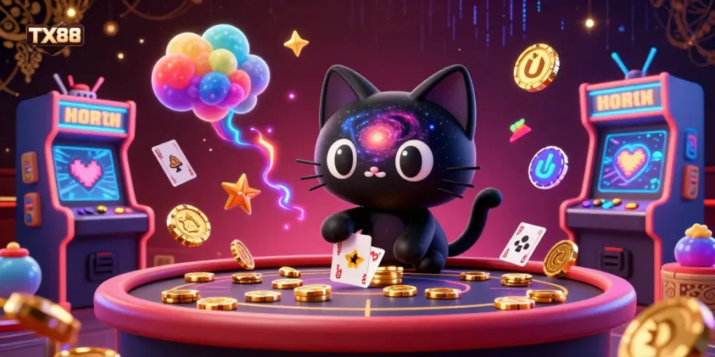 Engage with the cosmic charm of TX88 as the enchanting black hole cat pulls in golden chips and cards.