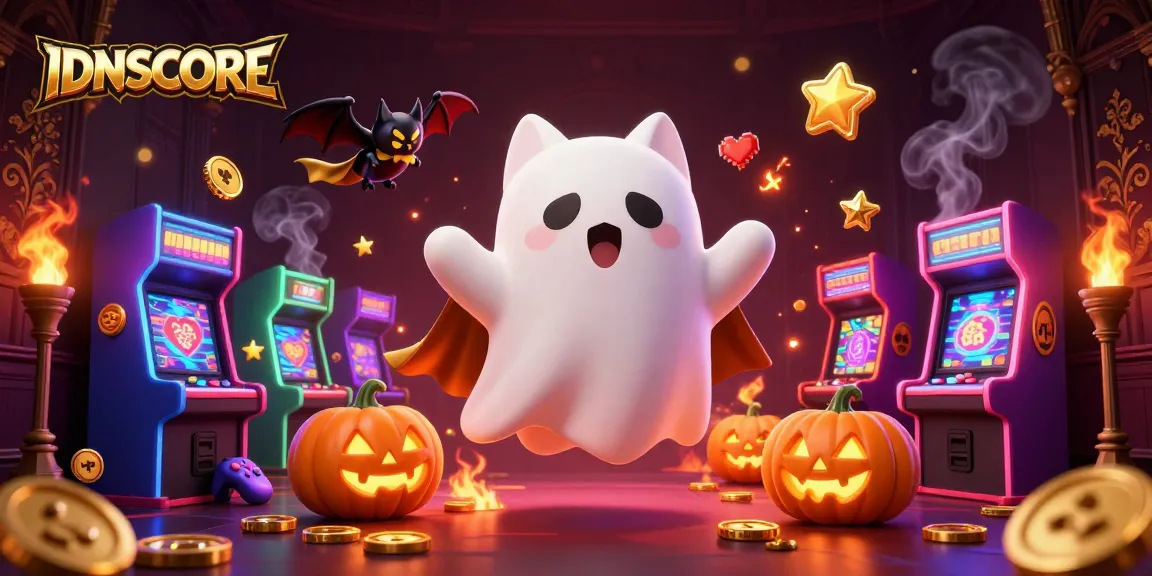 Engage with IDNSCORE in a vibrant casino adventure featuring a ghost cat and arcade elements.